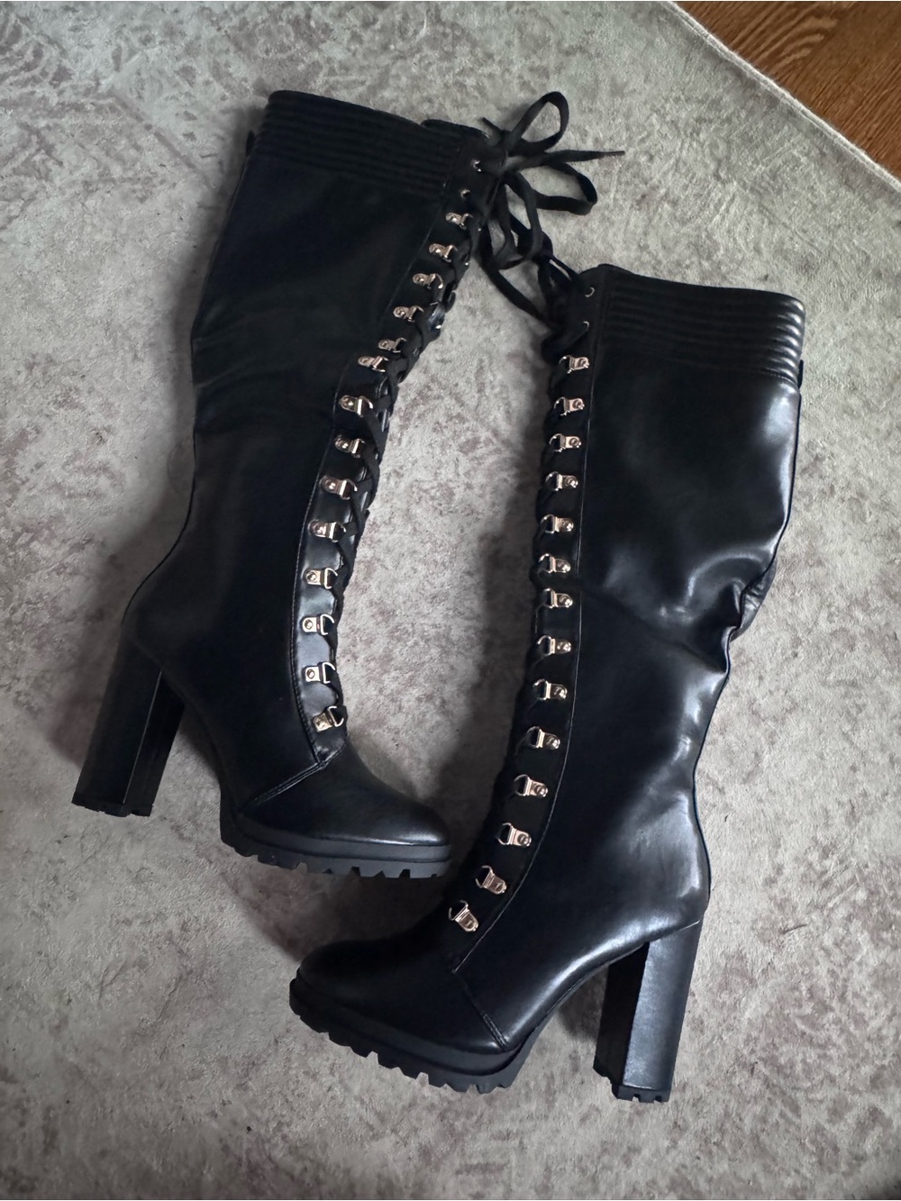 Black Lace-Up High Heel Knee Boots